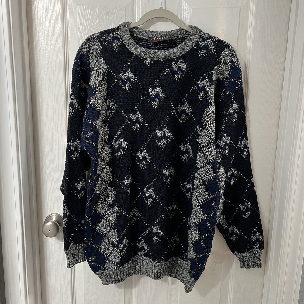 Sergio Sweater Knit Geometric Navy Grey White Crew Neck Vintage Coogi Style